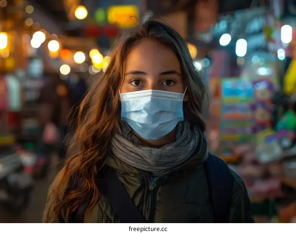 Portrait of a young woman wearing a mask in a crowded night market
