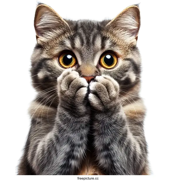 [Transparent Background PNG]Cute Tabby Cat Hiding Face with Paws