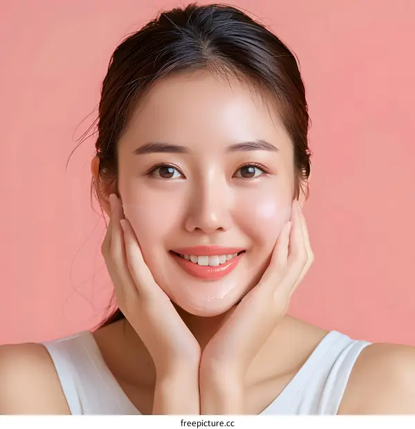 Smiling Young Asian Woman Applying Facial Mask