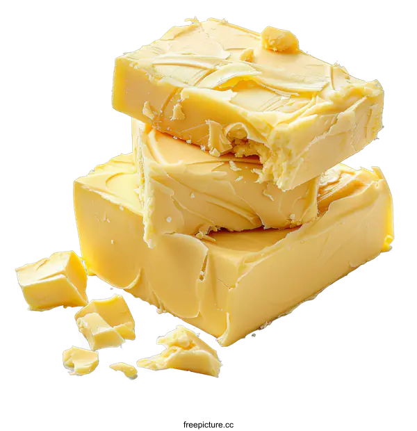 [Transparent Background PNG]Three blocks of yellow cheese stacked on top of each other with some loose pieces scattered on the bottom left side