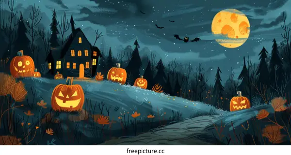 A spooky house on a hill surrounded by jack-o'-lanterns in a forest at night