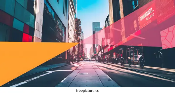 City Street with Geometric Shapes and People Walking