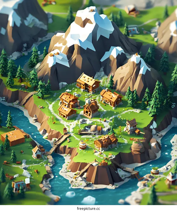 Low Poly Mountain Village Illustration