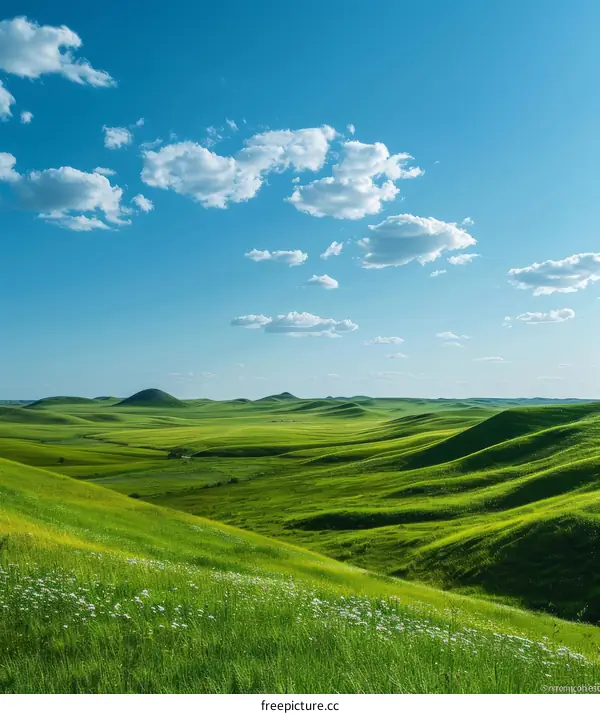Grassland scenery under the blue sky and white clouds
