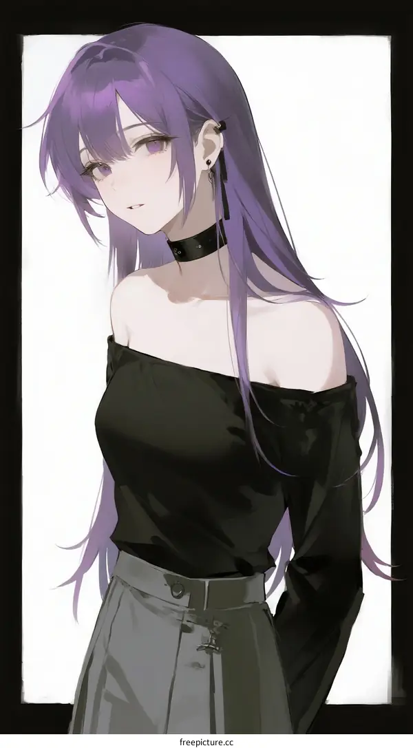 Anime Girl with Long Purple Hair Wearing Black Off-shoulder Top