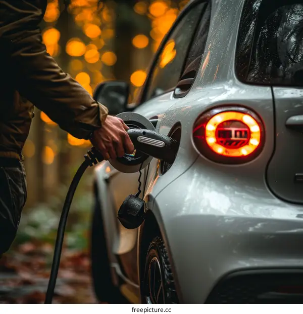 Man Plugging In Electric Car In Forest