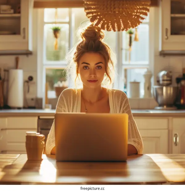 Young woman using laptop in kitchen
