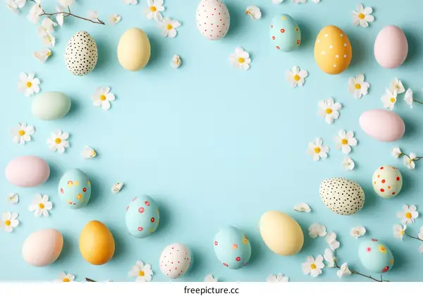 Easter Eggs and Flowers on a Light Blue Background