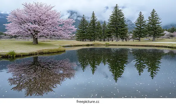 Cherry Blossoms Reflecting in a Pond