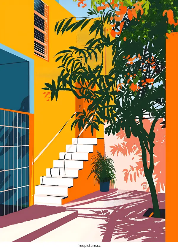 Orange Building with Stairs and Green Tree
