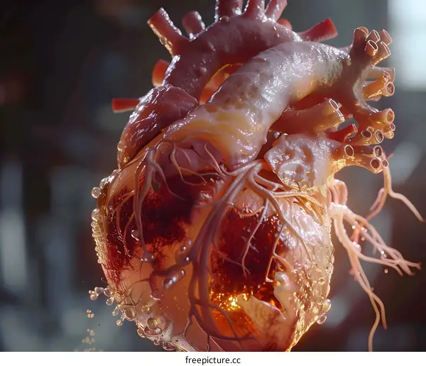Human Heart Anatomical Illustration with Droplets of Liquid