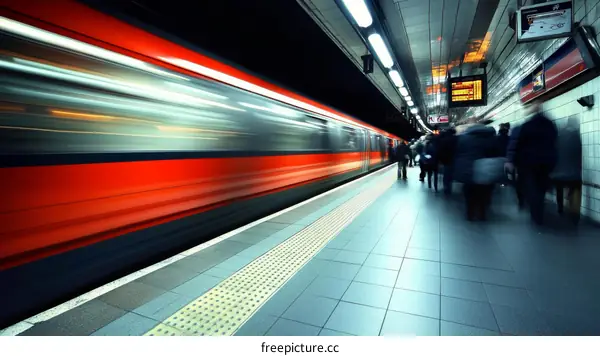 Subway Station at Night with Fast Moving Train