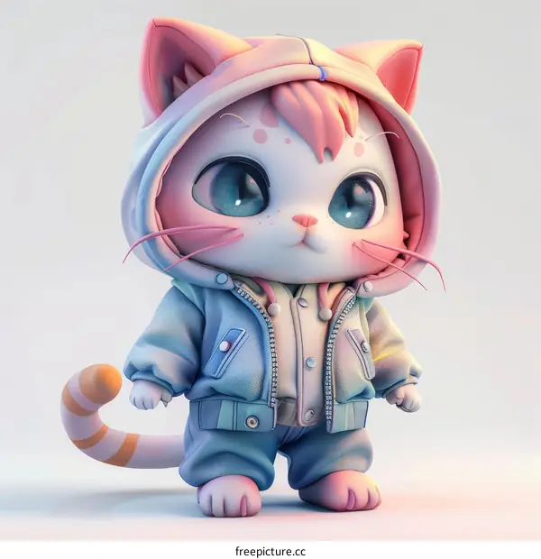 A cute cat wearing a blue and white jacket