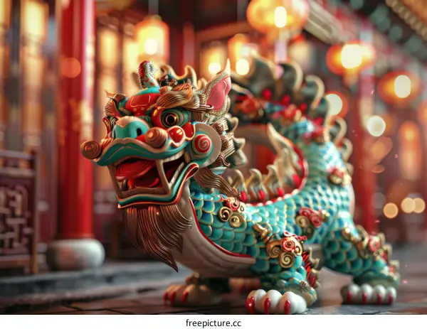 Intricate Chinese Dragon Statue with a Red Background