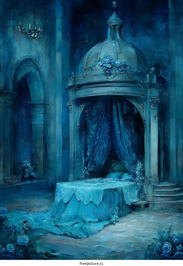 Blue and White Canopy Bed in a Palace Courtyard