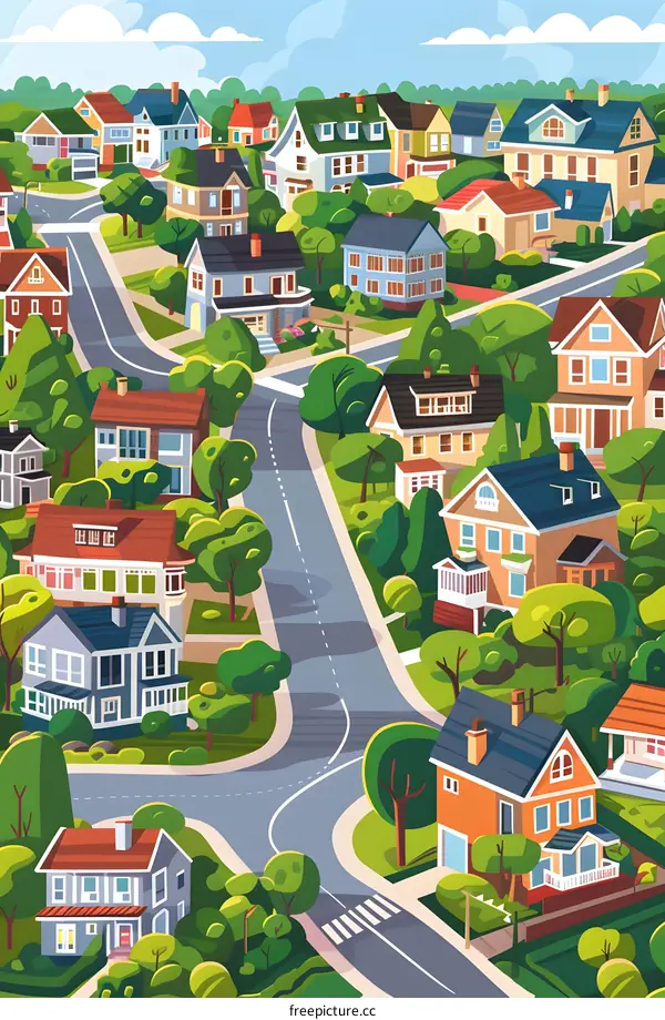 Suburban Neighborhood Illustration With Colorful Houses