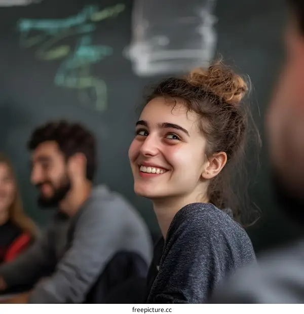 Smiling Woman in a Classroom Setting