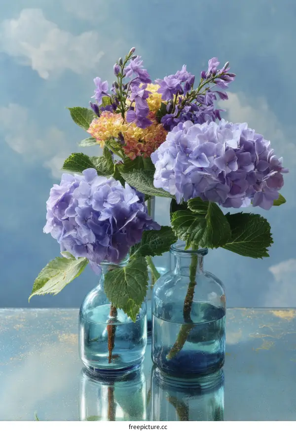 Beautiful Hydrangea Flowers in Vases against a Sky Background