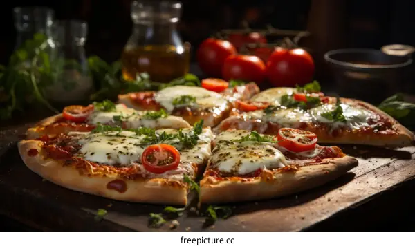 A delicious pizza sits on a table ready to be eaten