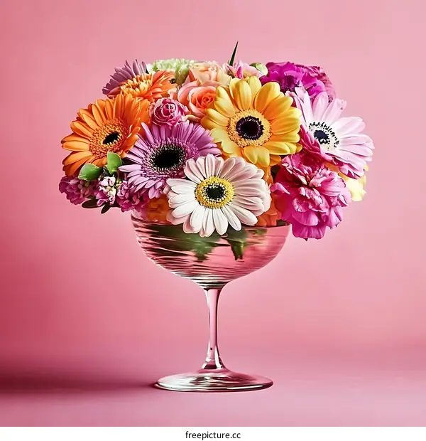Colorful Flower Arrangement in a Wine Glass