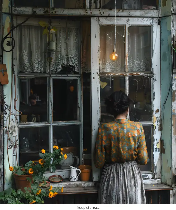 A woman standing in front of a window