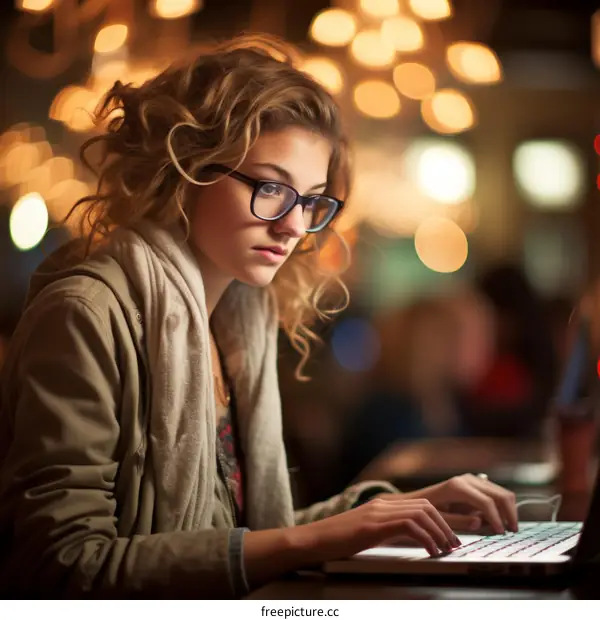 Young woman working on laptop in a cafe