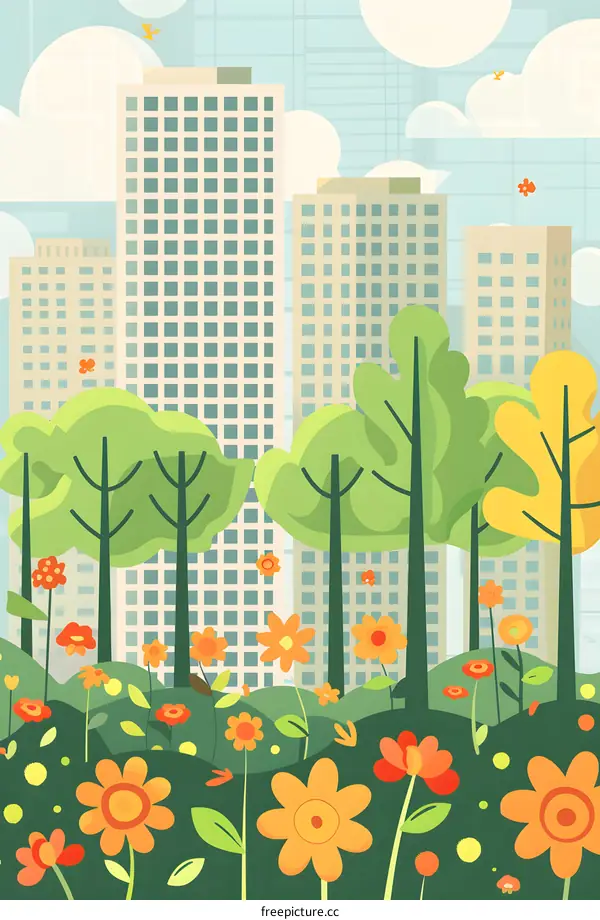 Cityscape with Green Trees and Flowers