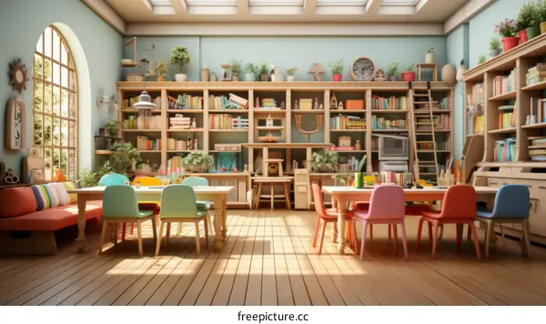 A Classroom Full of Bookshelves, Tables, and Chairs