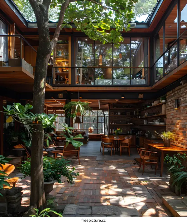 Modern House with Green Courtyard and Brick Walls