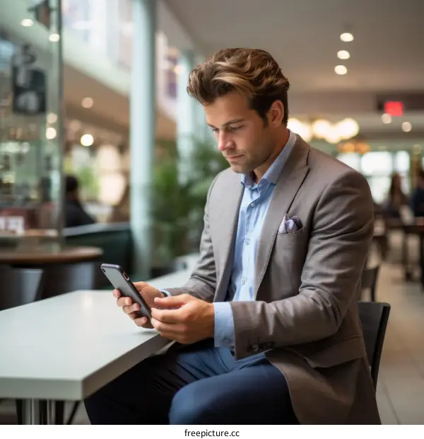 Young professional man in suit using smartphone in modern cafe