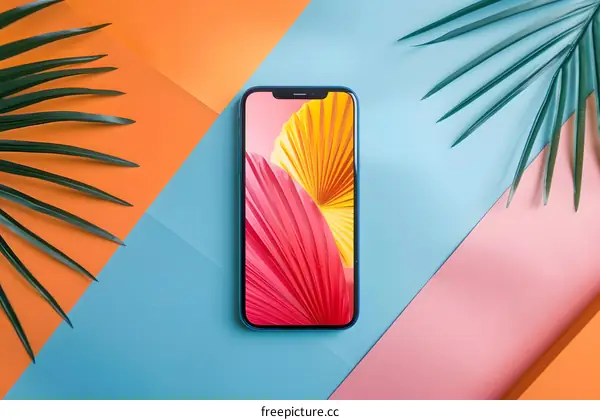 Blue Smartphone On Colorful Background With Palm Leaves