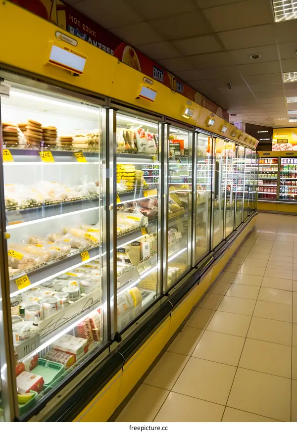 Frozen Food Display Cases in a Grocery Store