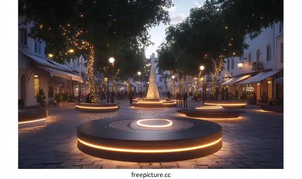 City Street Scene with Illuminated Seating Areas