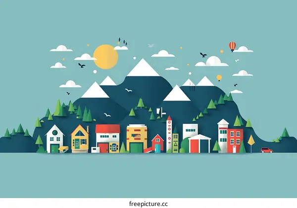 Flat Design Illustration Of A Town With Mountains