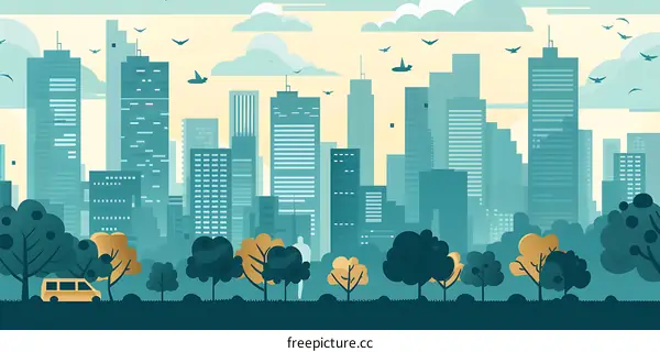 Modern Cityscape with Silhouette of Buildings and Trees