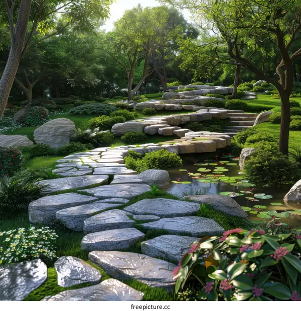 Stone path in a lush garden with a pond
