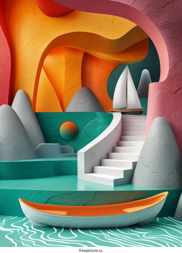 Surreal seascape with stairs leading to a sailboat in the distance