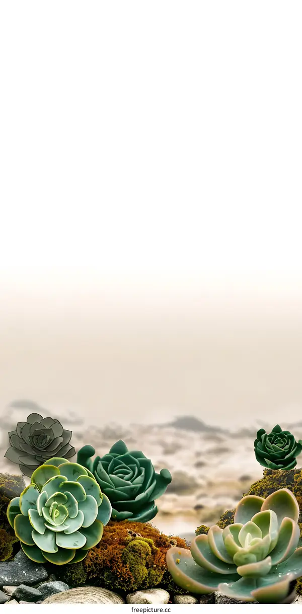 Green Succulents on a Rocky Beach with a Blurry Background