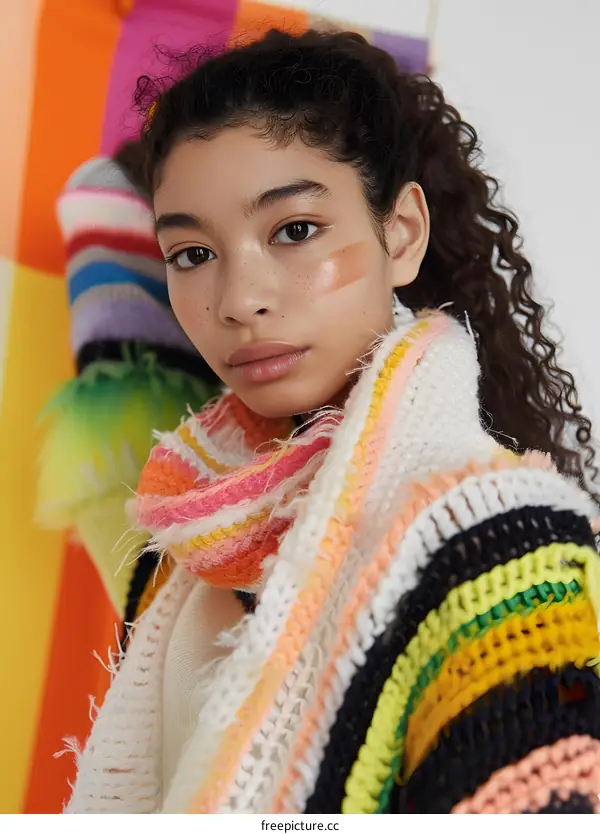 Young Woman With Rainbow Knitted Sweater