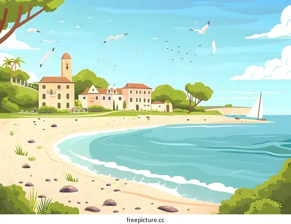 Mediterranean Village Seaside Landscape Illustration