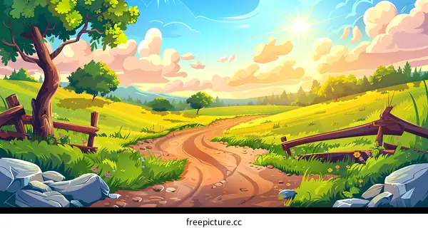 Summer Landscape Illustration of Green Fields and Winding Road