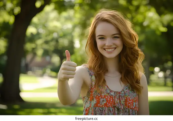 Happy Smiling Woman Giving Thumbs Up In Park