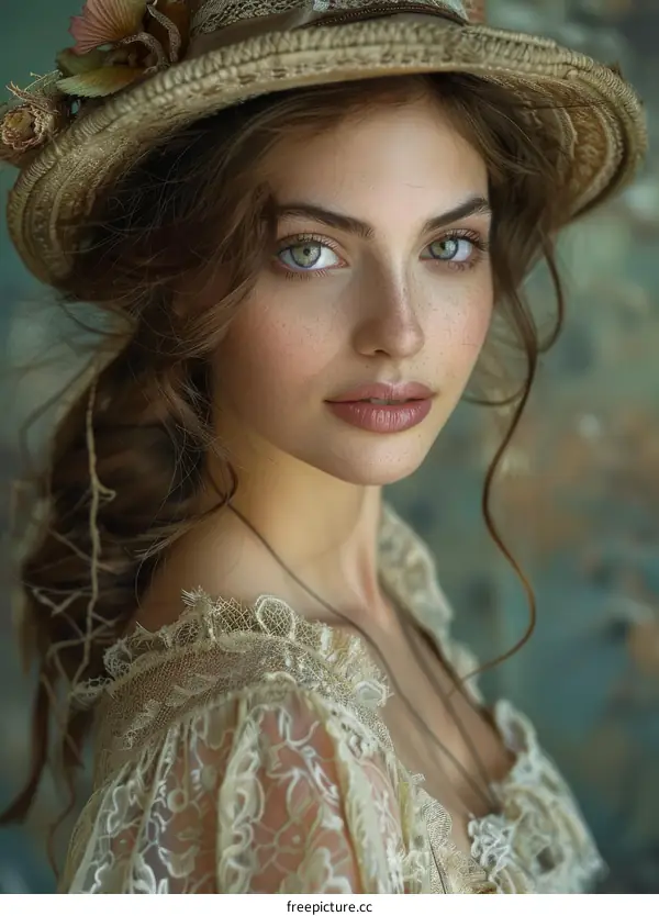 portrait of a beautiful woman in a vintage dress and hat