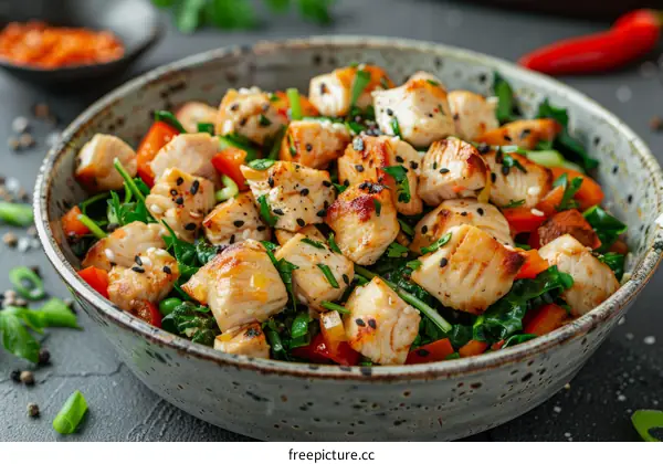 Spinach, Red Peppers and Diced Chicken in a Bowl