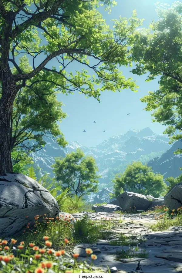 Tranquil Forest Landscape with Trees and Rock Formations