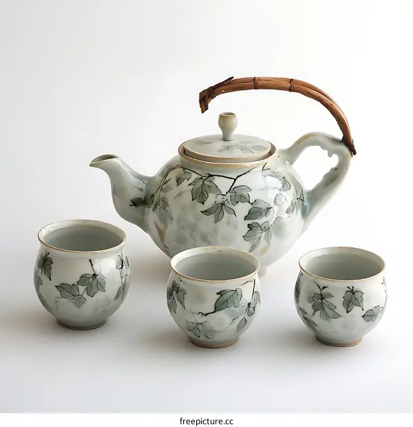 Traditional Japanese Tea Set with Green Leaf Design