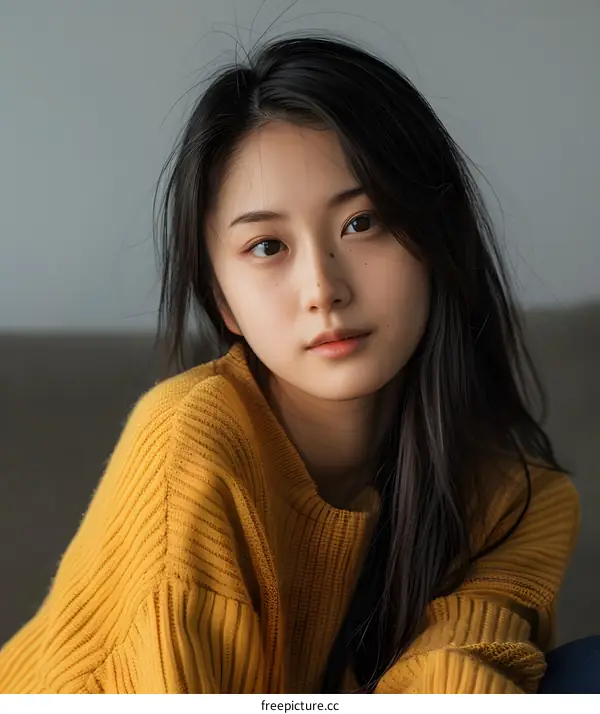 Portrait of a Young Asian Woman in a Yellow Sweater