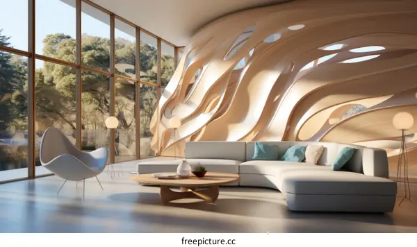Modern living room with curved wooden wall and large windows