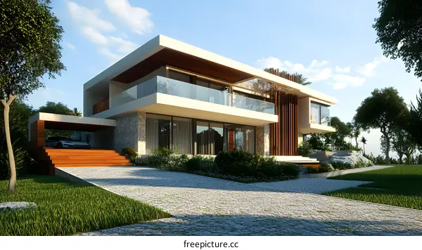 Modern House with Wooden Facade and Green Lawn