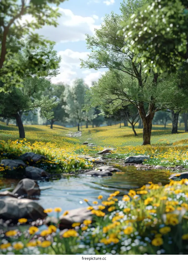 Idyllic River Flowing Through Lush Green Field